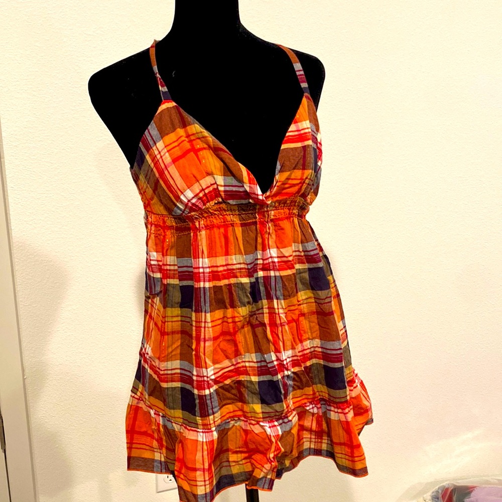Plaid spaghetti string tank top tunic
